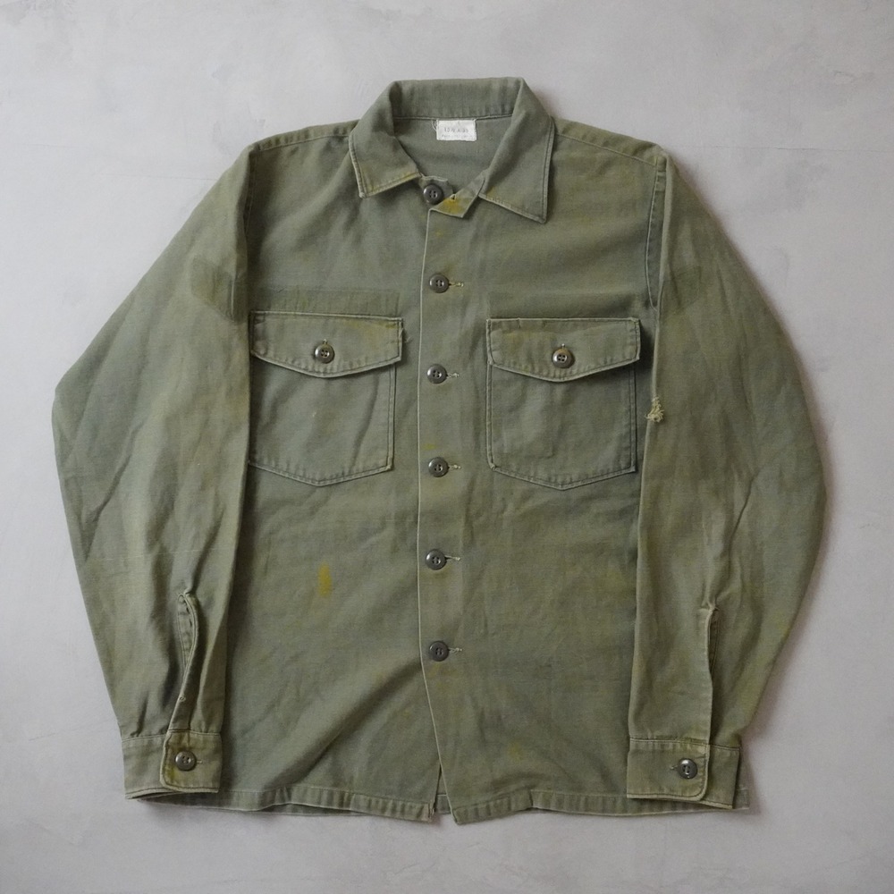 Vintage US Military OG-107 Utility Shirt 15.5x35 Mens 70s Green Cotton Sateen